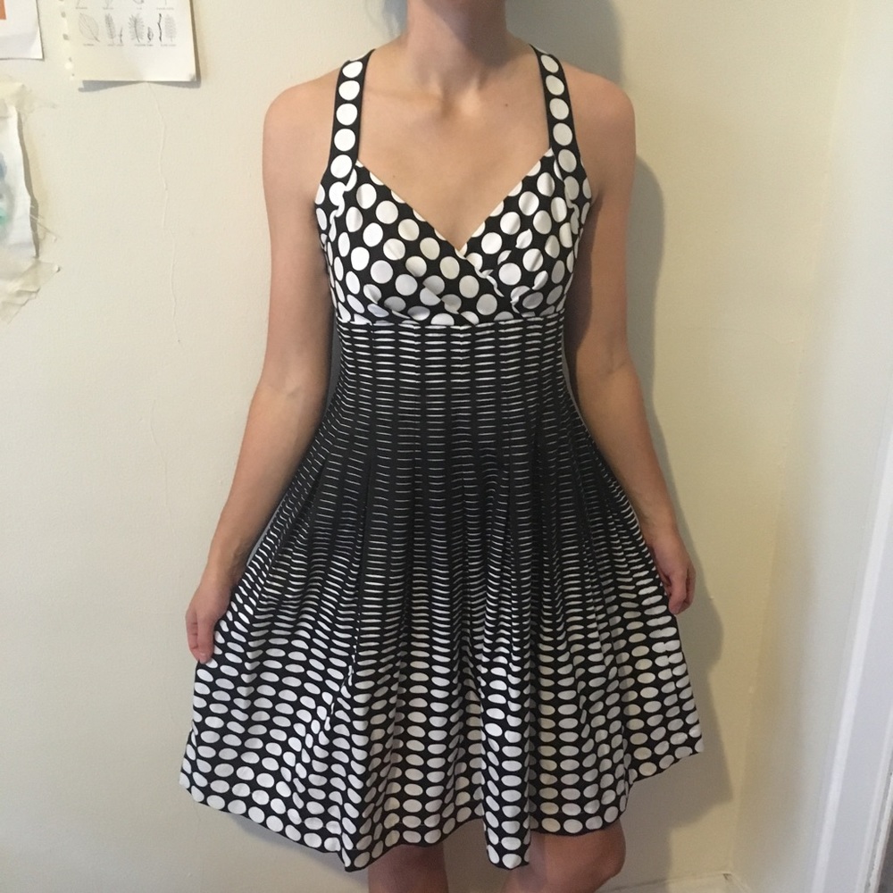 Calvin Klein Black & White Polka Dot Pleated Dress